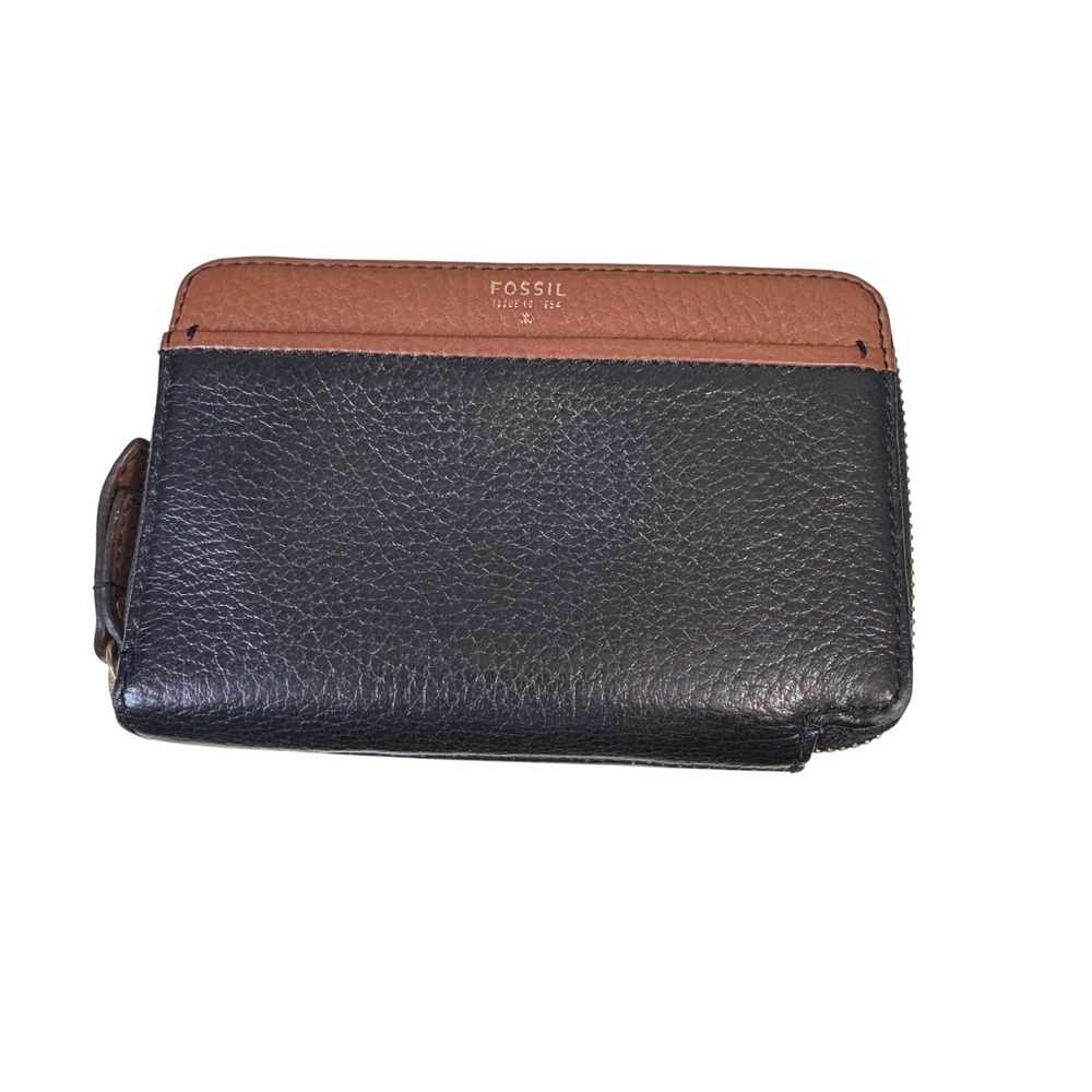 Fossil Womens Black Brown Leather Zip Around Wallet Two Tone Pebbled Organizer